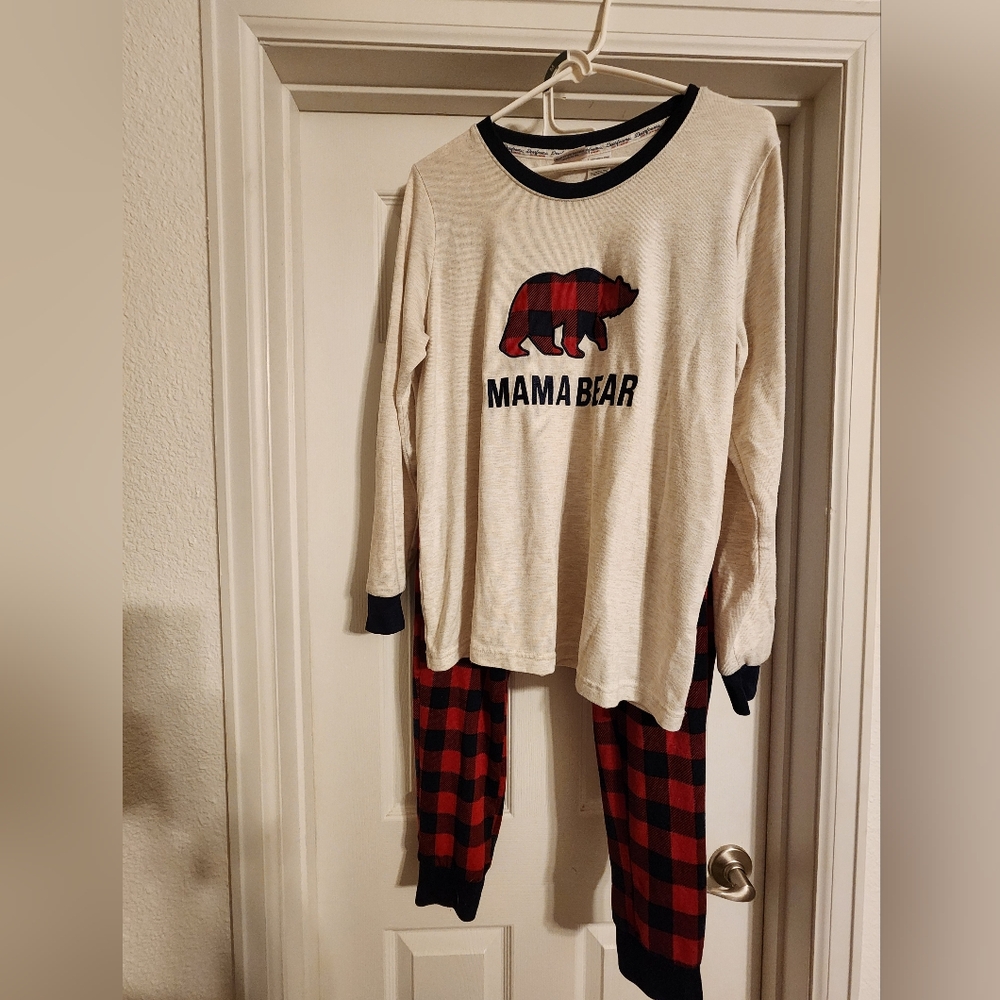 Women's Holiday Pajama Set - Cream and Red Plaid Mama Bear